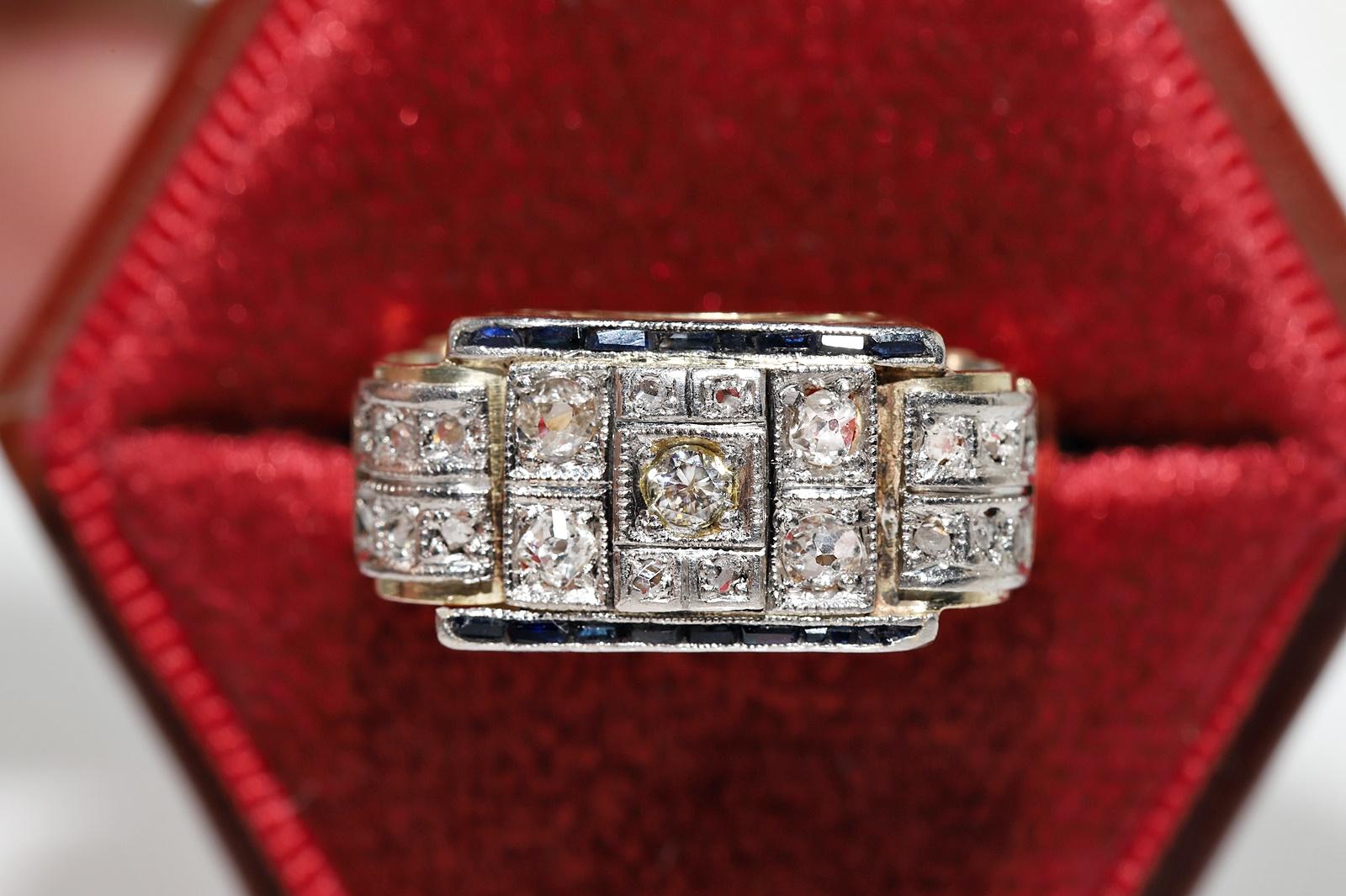 In very good condition.
Total weight is 6.6 grams.
Totally is rose cut diamond 0.15 ct.
Totally is old cut diamond 0.30 ct.
The diamond is has H-I-J-K color and s1-s2-s3-Pique1-2 clarity.
Totally is sapphire 0.35 ct.
Ring size is US 10 
We can make