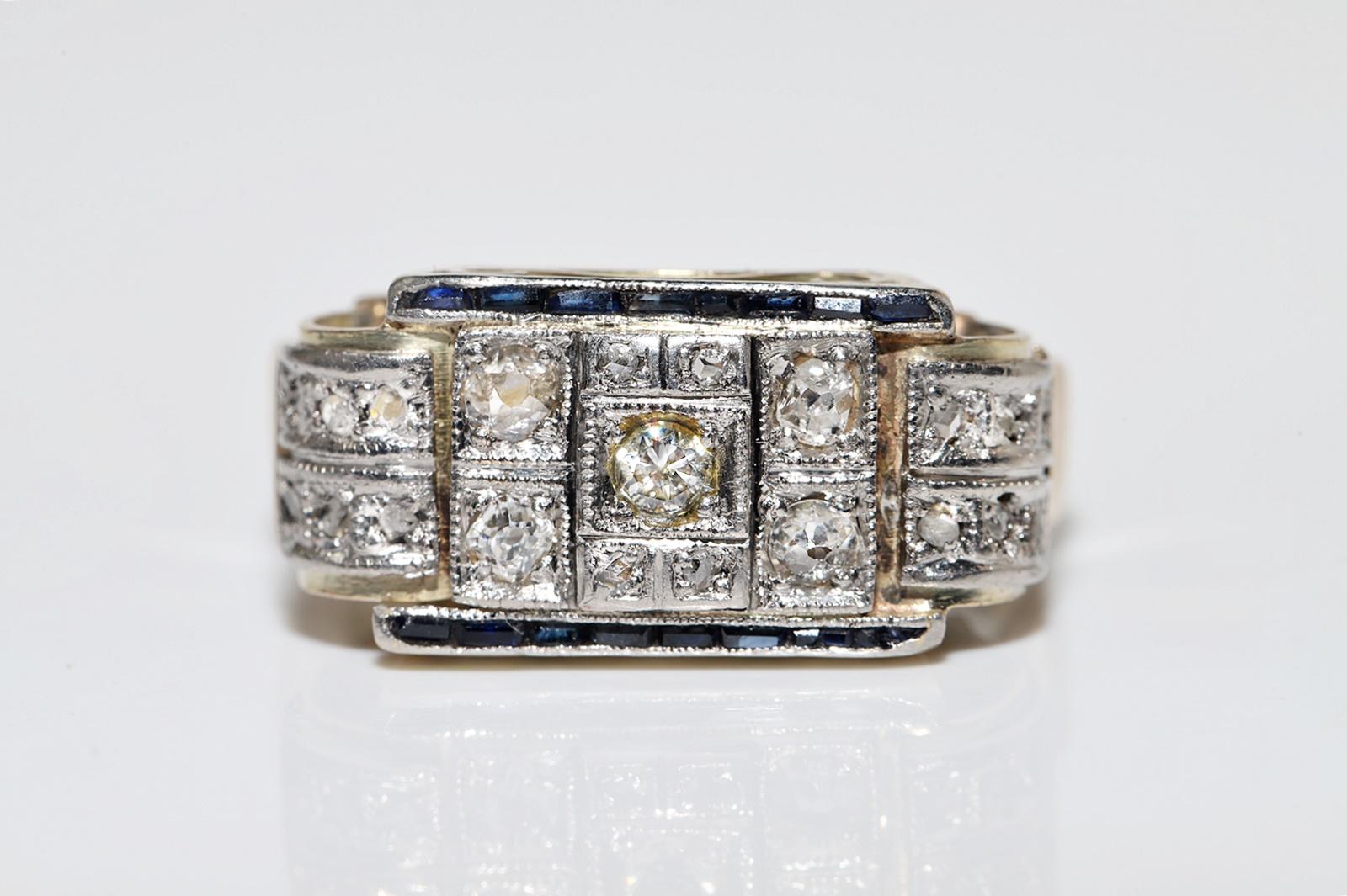 Victorian Antique Circa 1900s 14k Gold Natural Diamond And Caliber Sapphire Ring  For Sale