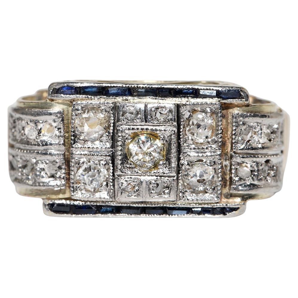 Antique Circa 1900s 14k Gold Natural Diamond And Caliber Sapphire Ring  For Sale