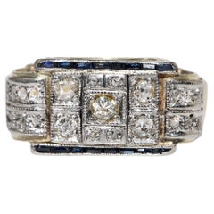 Antique Circa 1900s 14k Gold Natural Diamond And Caliber Sapphire Ring 
