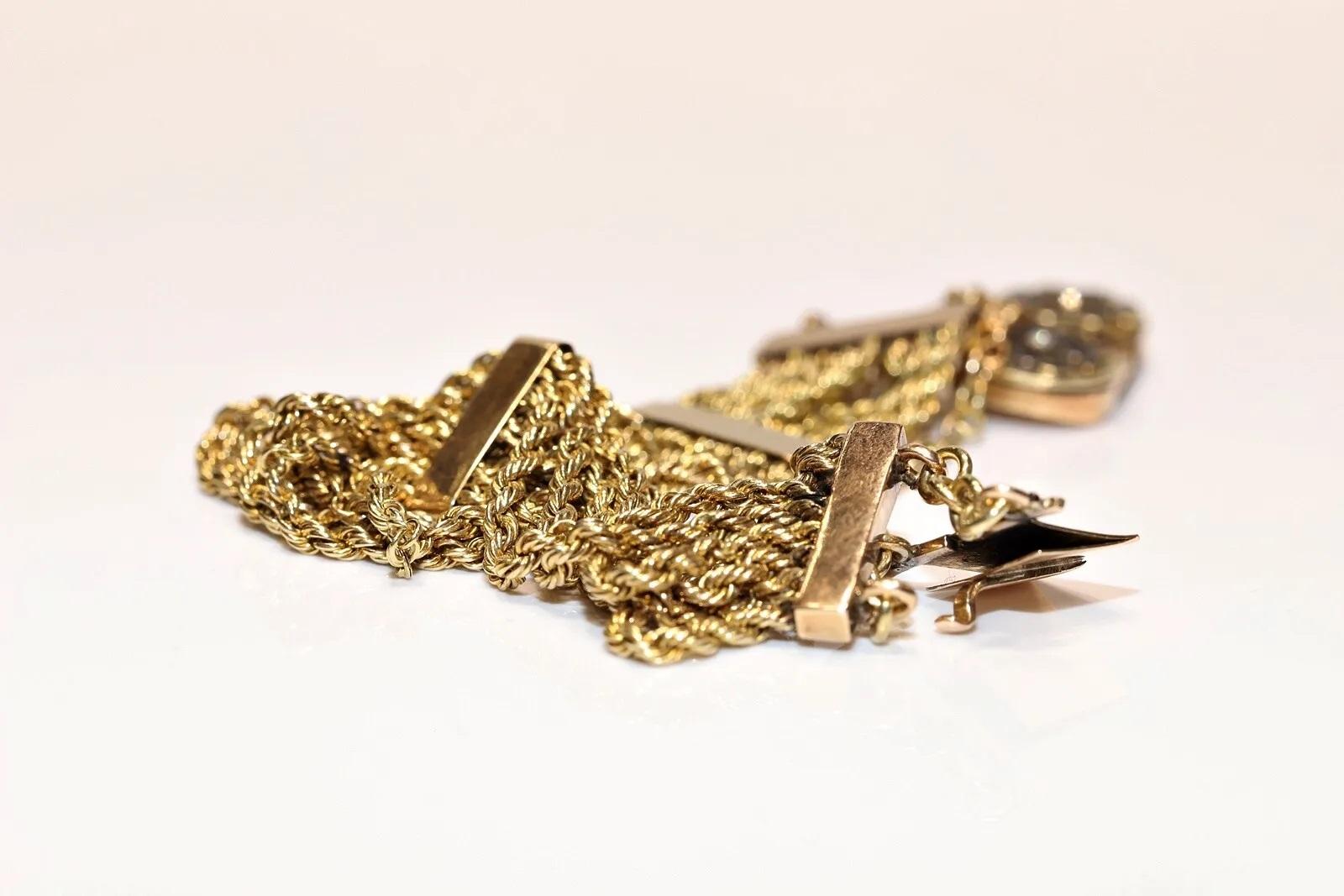 Victorian Antique Circa 1900s 14k Gold Natural Diamond And Enamel Decorated Bracelet  For Sale