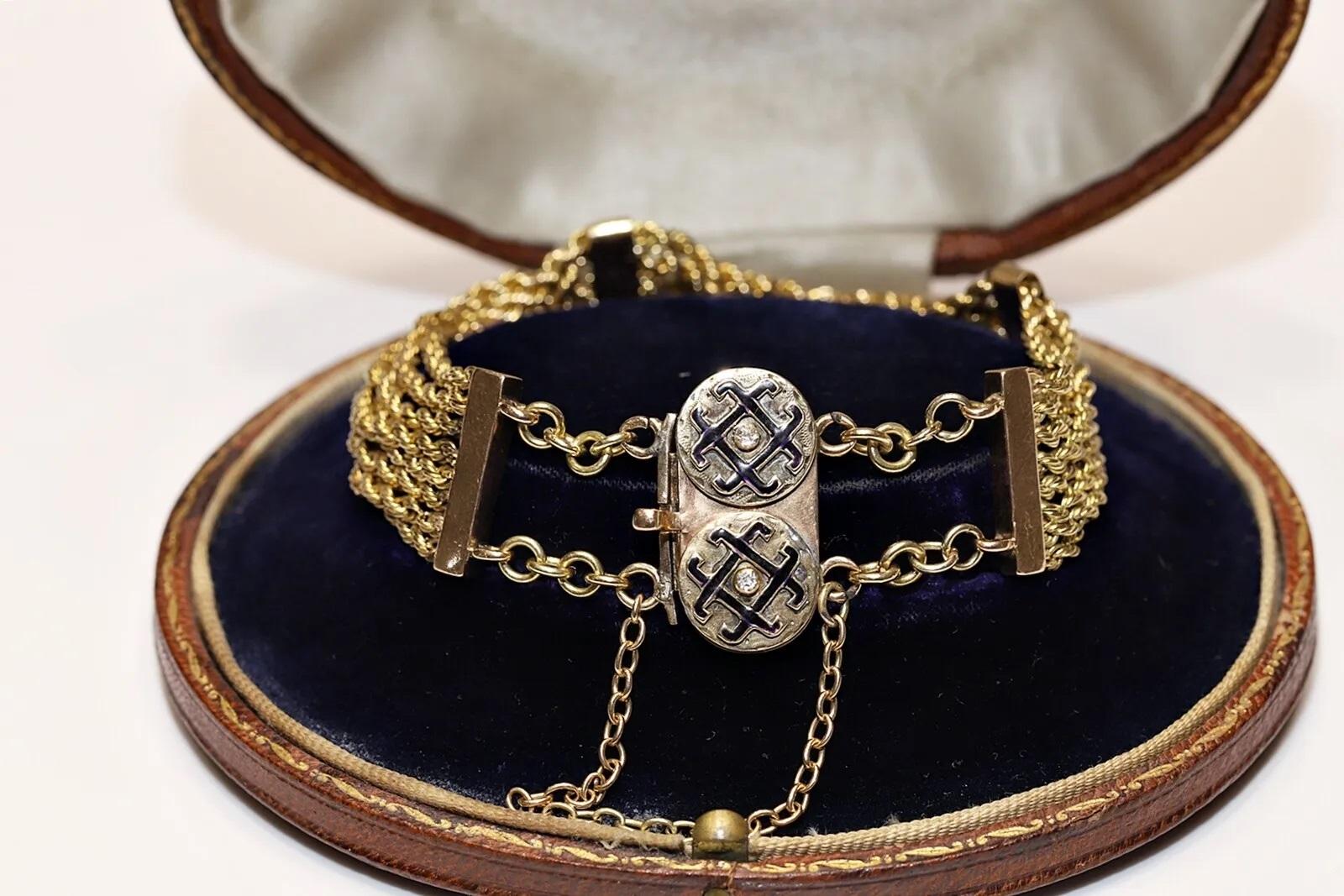 Antikes, verziertes Armband aus 14 Karat Gold mit natürlichen Diamanten und Emaille, um 1900  im Angebot 3