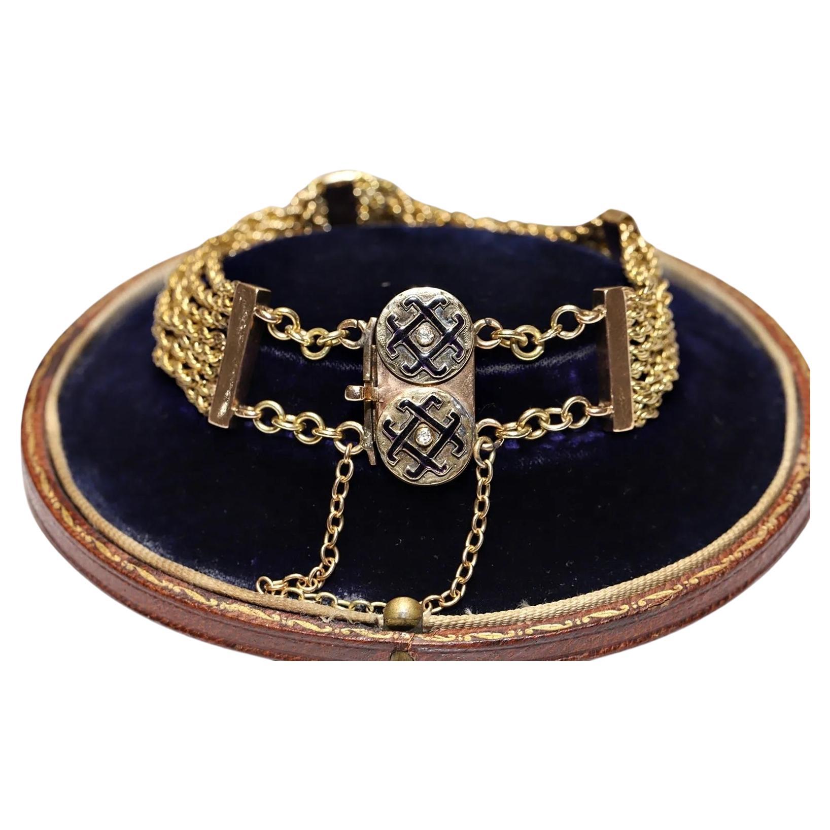 Antique Circa 1900s 14k Gold Natural Diamond And Enamel Decorated Bracelet  For Sale