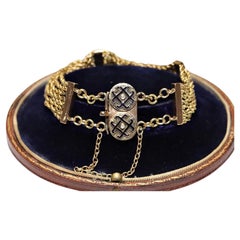 Antique Circa 1900s 14k Gold Natural Diamond And Enamel Decorated Bracelet 