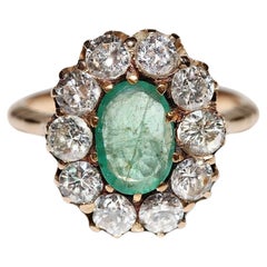 Antique Circa 1900s 14k Gold Natural Diamond And Emerald Decorated Ring 