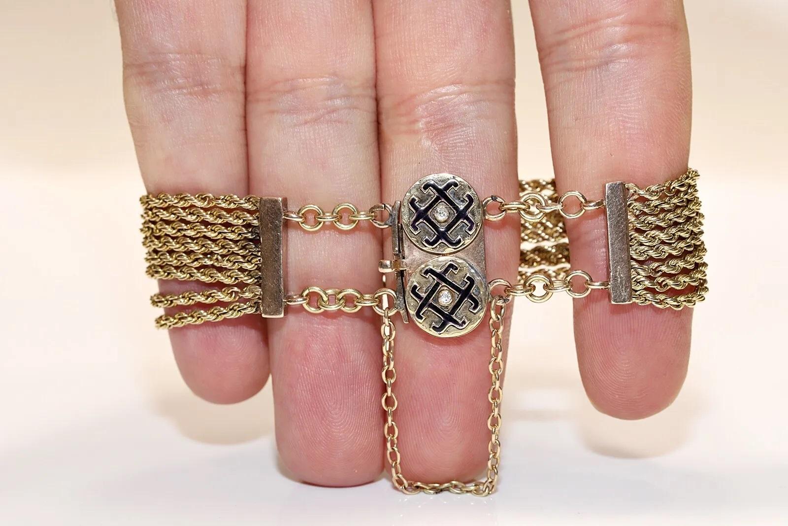 Taille brillant Bracelet ancien des années 1900 en or 14 carats décoré de diamants naturels et d'émail en vente
