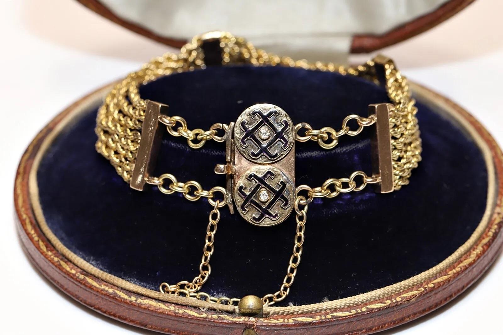 Bracelet ancien des années 1900 en or 14 carats décoré de diamants naturels et d'émail en vente 2