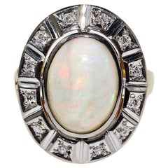 Bague ancienne des années 1900 en or 14 carats décorée de diamants naturels et d'opales 