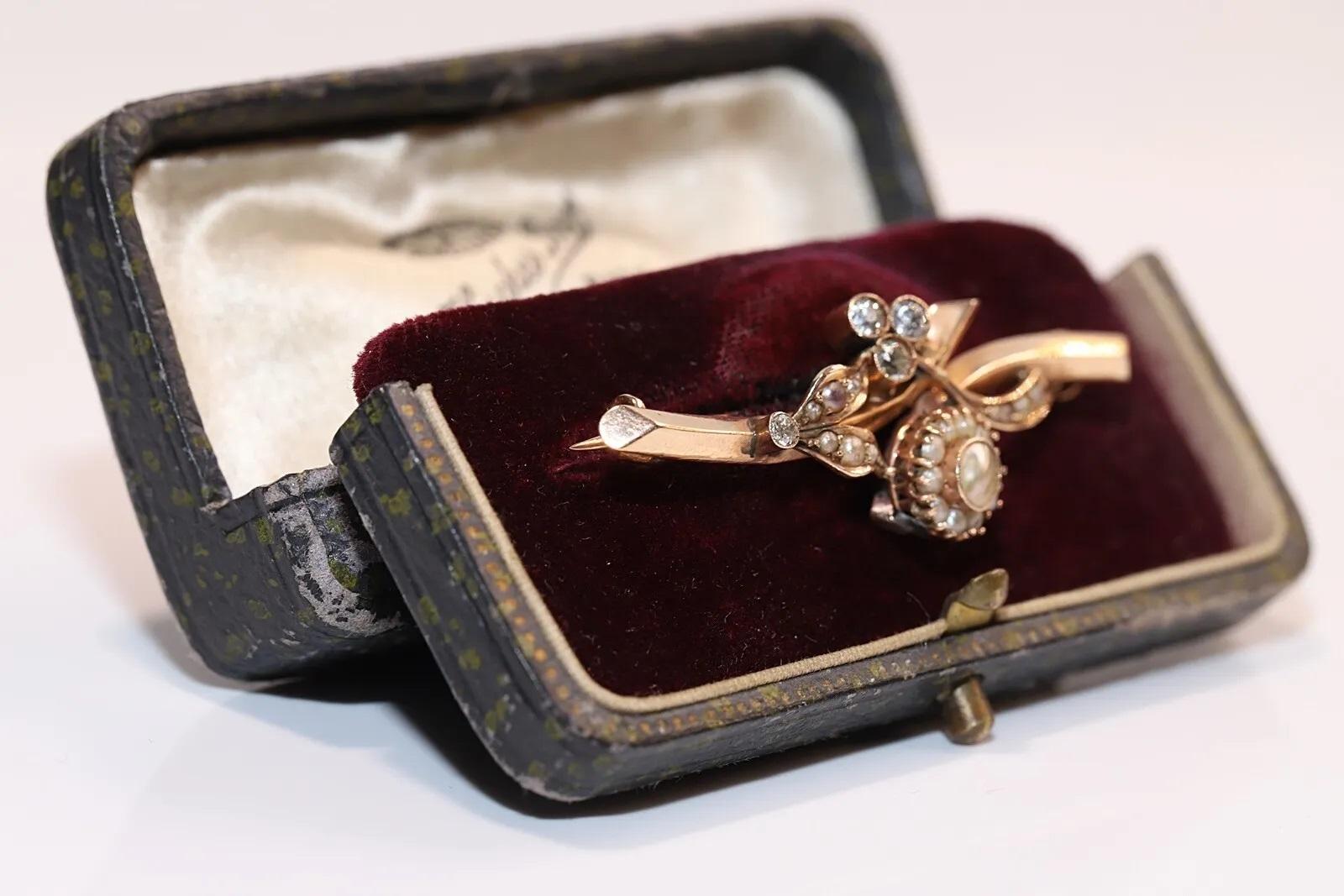 Antike 14k Gold natürliche Diamant- und Perlenbrosche, um 1900, dekoriert (Tropfenschliff) im Angebot