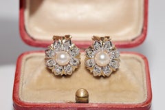 Antico orecchino decorato con diamanti naturali e perle in oro 14k del 1900 CIRCA