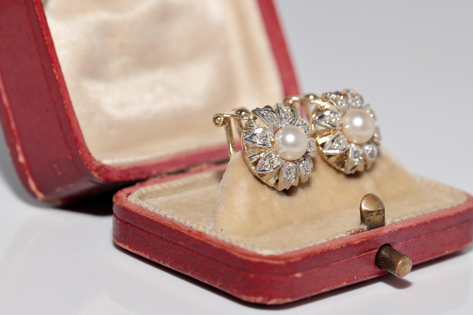 Victorien Boucles d'oreilles anciennes des années 1900 en or 14 carats décorées de diamants naturels et de perles en vente
