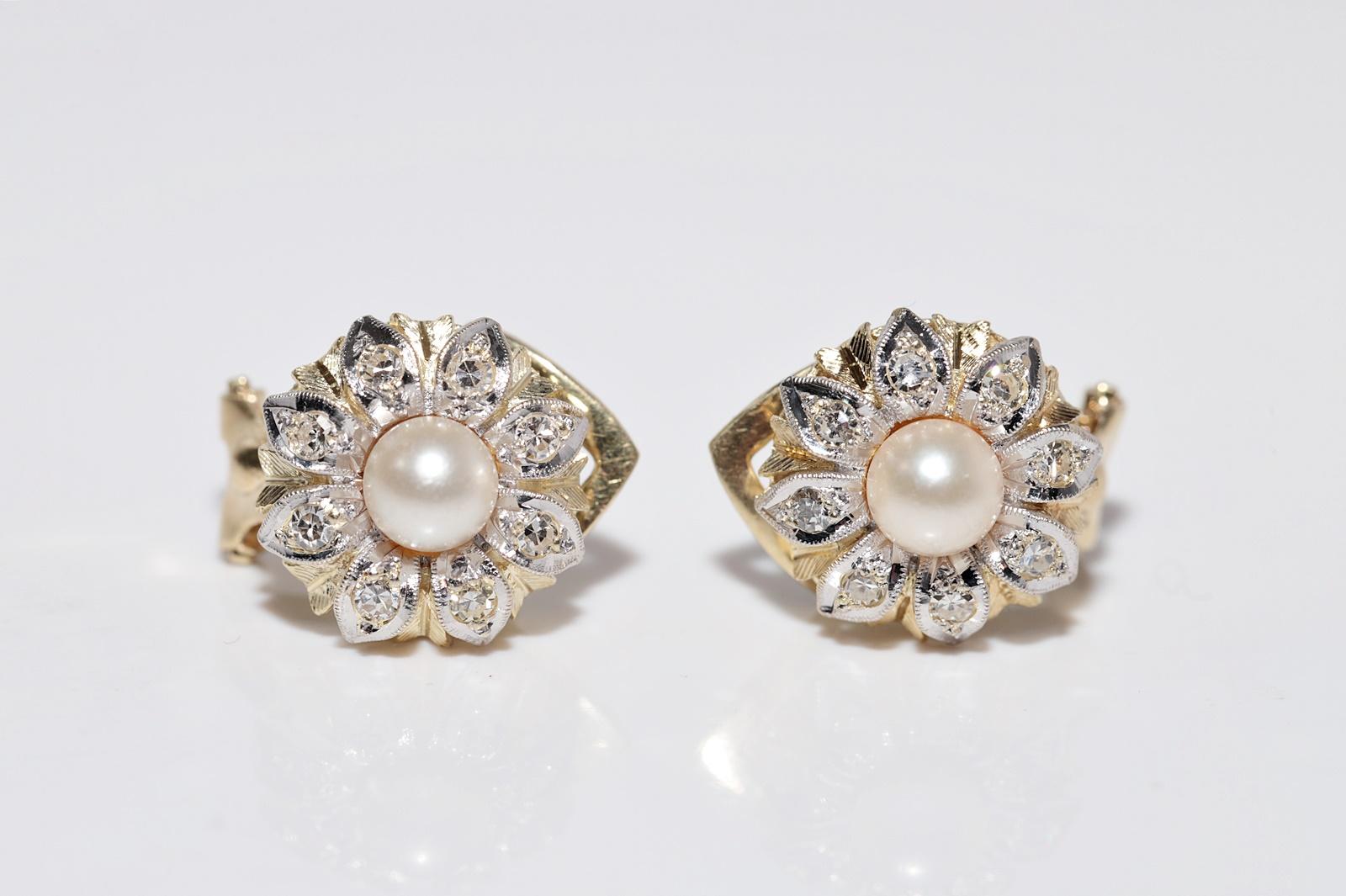 Taille brillant Boucles d'oreilles anciennes des années 1900 en or 14 carats décorées de diamants naturels et de perles en vente