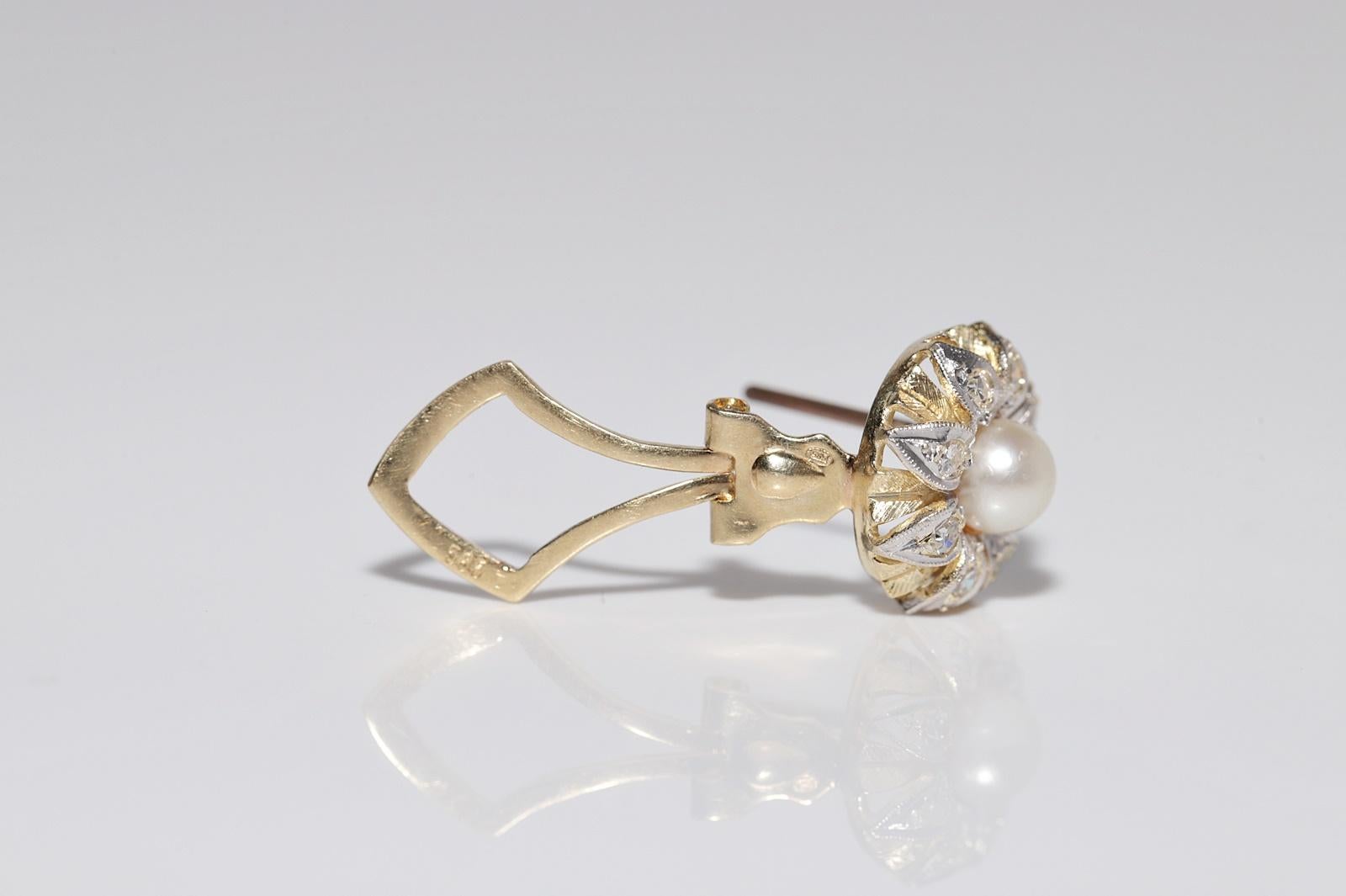 Boucles d'oreilles anciennes des années 1900 en or 14 carats décorées de diamants naturels et de perles Pour femmes en vente