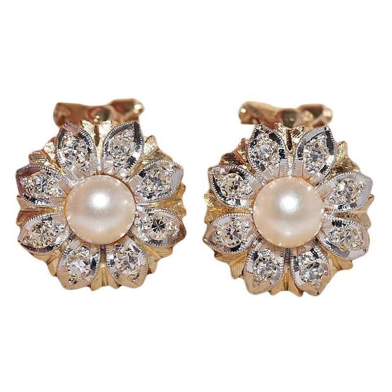 Antico orecchino decorato con diamanti naturali e perle in oro 14k del 1900 CIRCA
