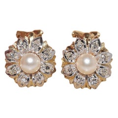 Antico orecchino decorato con diamanti naturali e perle in oro 14k del 1900 CIRCA
