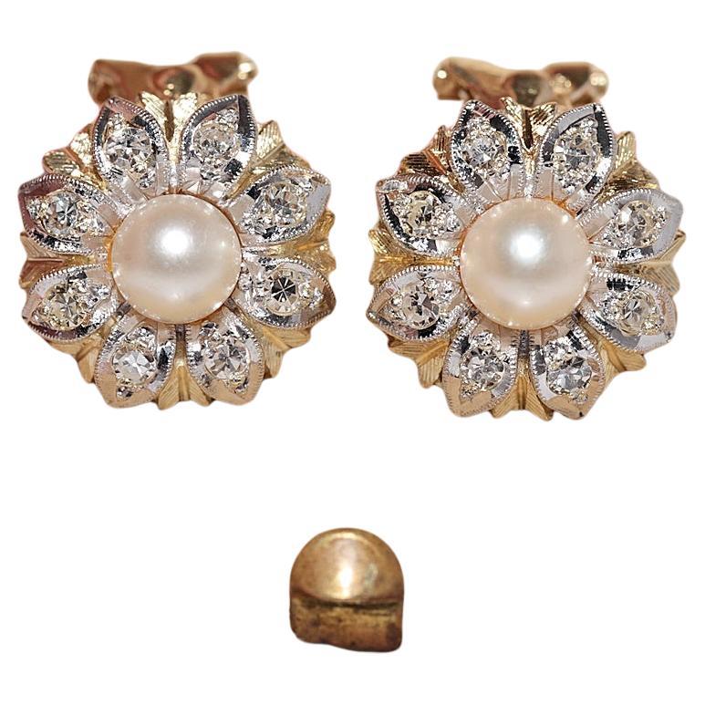Antique Circa 1900s 14k Gold Natural Diamond And Pearl Decorated Earring