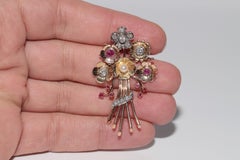 Antique Circa 1900s 14k Gold Natural Diamond And Ruby Decorated Flowers Brooch