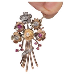 Antique Circa 1900s 14k Gold Natural Diamond And Ruby Decorated Flowers Brooch