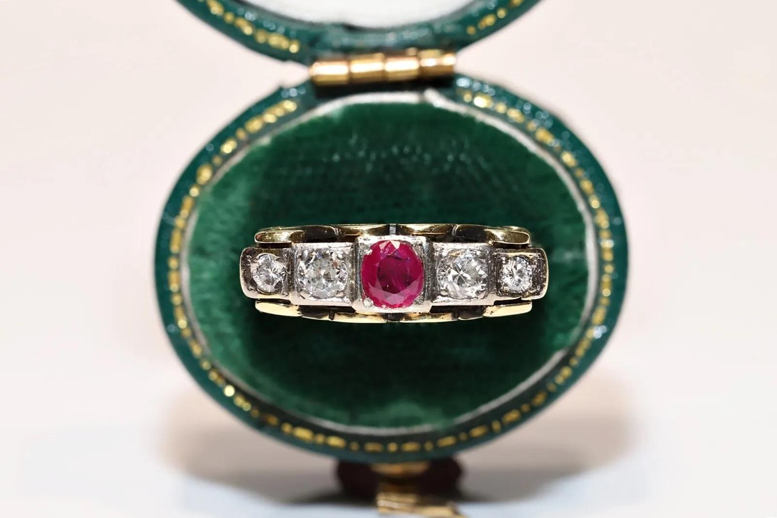 Antiker 14k Gold Ring mit natürlichem Diamant und Rubin, dekoriert, um 1900er Jahre  im Angebot 3