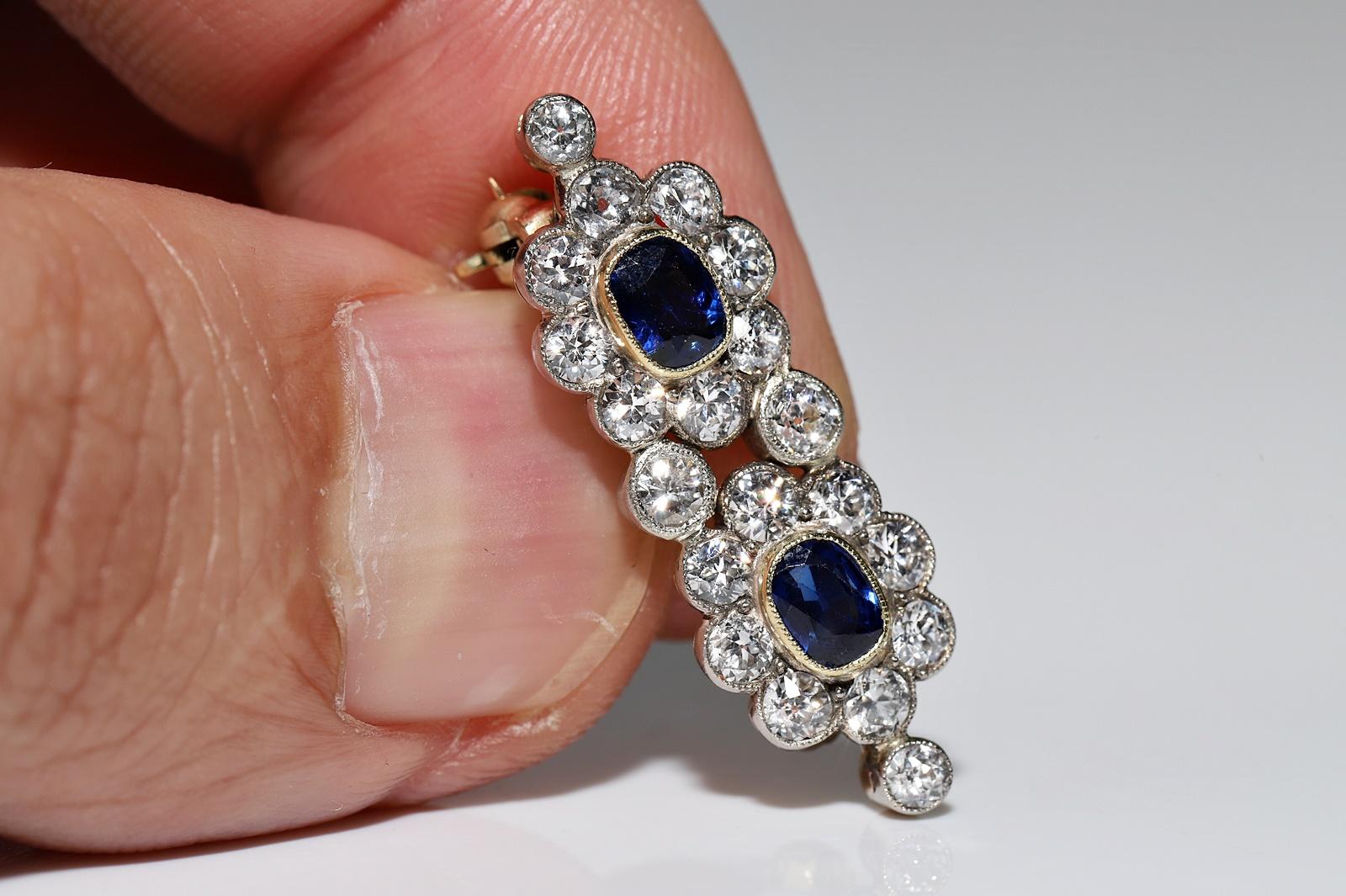 Antique Circa 1900s 14k Gold Natural Diamond And Sapphire Decorated Brooch For Sale 4