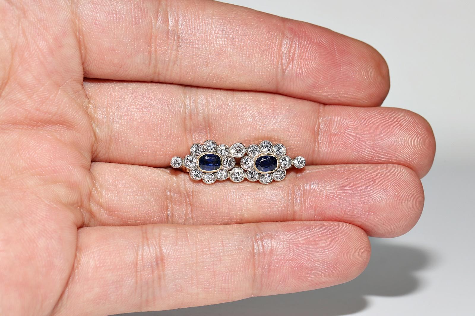 Antique Circa 1900s 14k Gold Natural Diamond And Sapphire Decorated Brooch For Sale 1