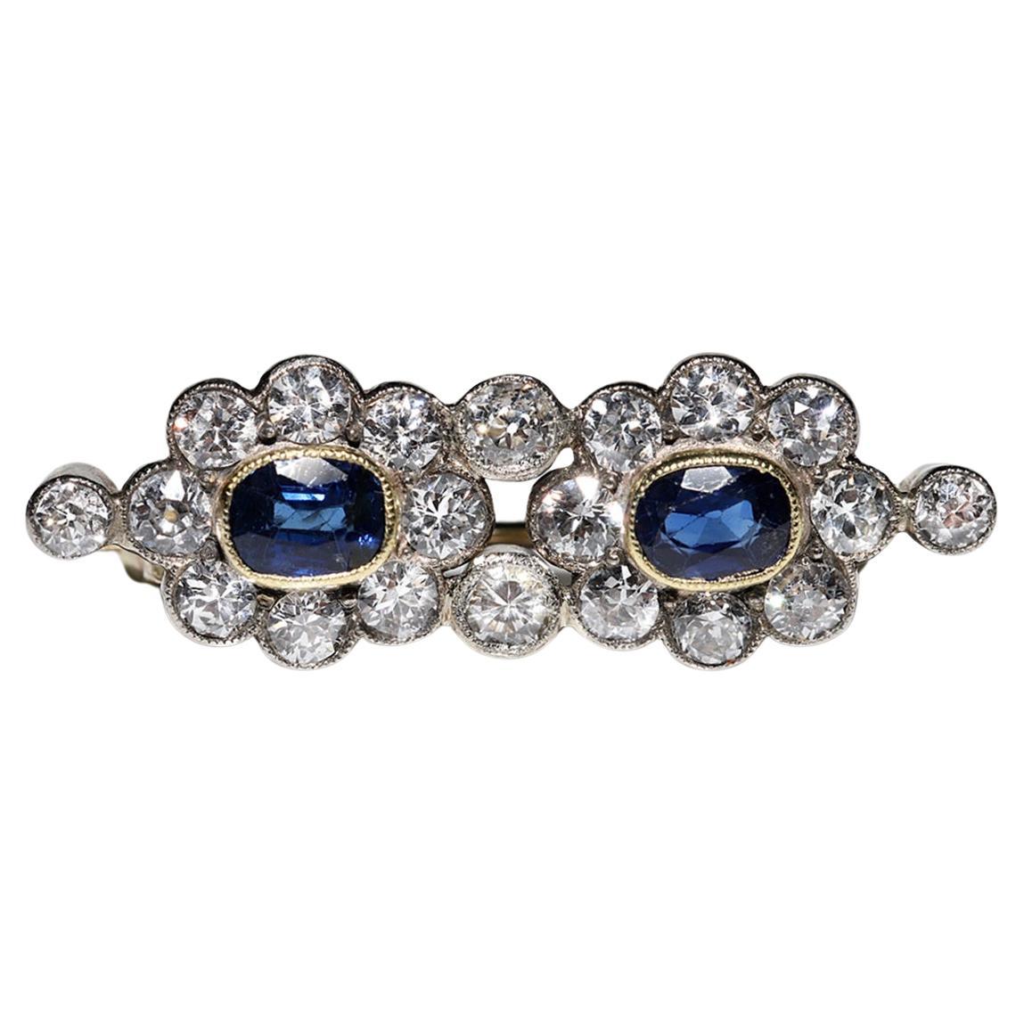 Antique Circa 1900s 14k Gold Natural Diamond And Sapphire Decorated Brooch For Sale