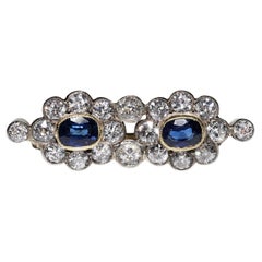 Antique Circa 1900s 14k Gold Natural Diamond And Sapphire Decorated Brooch