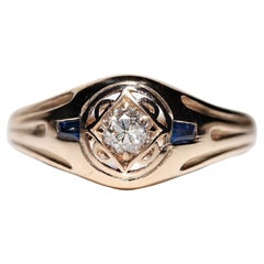 Antique Circa 1900s 14k Gold Natural Diamond And Sapphire Solitaire Ring 