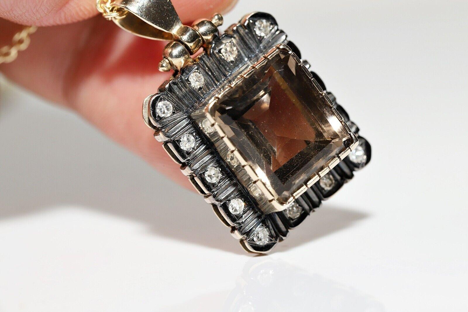 In very good condition.
Total weight is 15.8 grams.
Totally is diamond 0.50 carat.
The diamond is has H-I-J color and vs-s1-s2 clarity.
Totally is Smoky Topaz about 5 carat.
Total lenght is chain 45 cm.
Please contact for any questions.