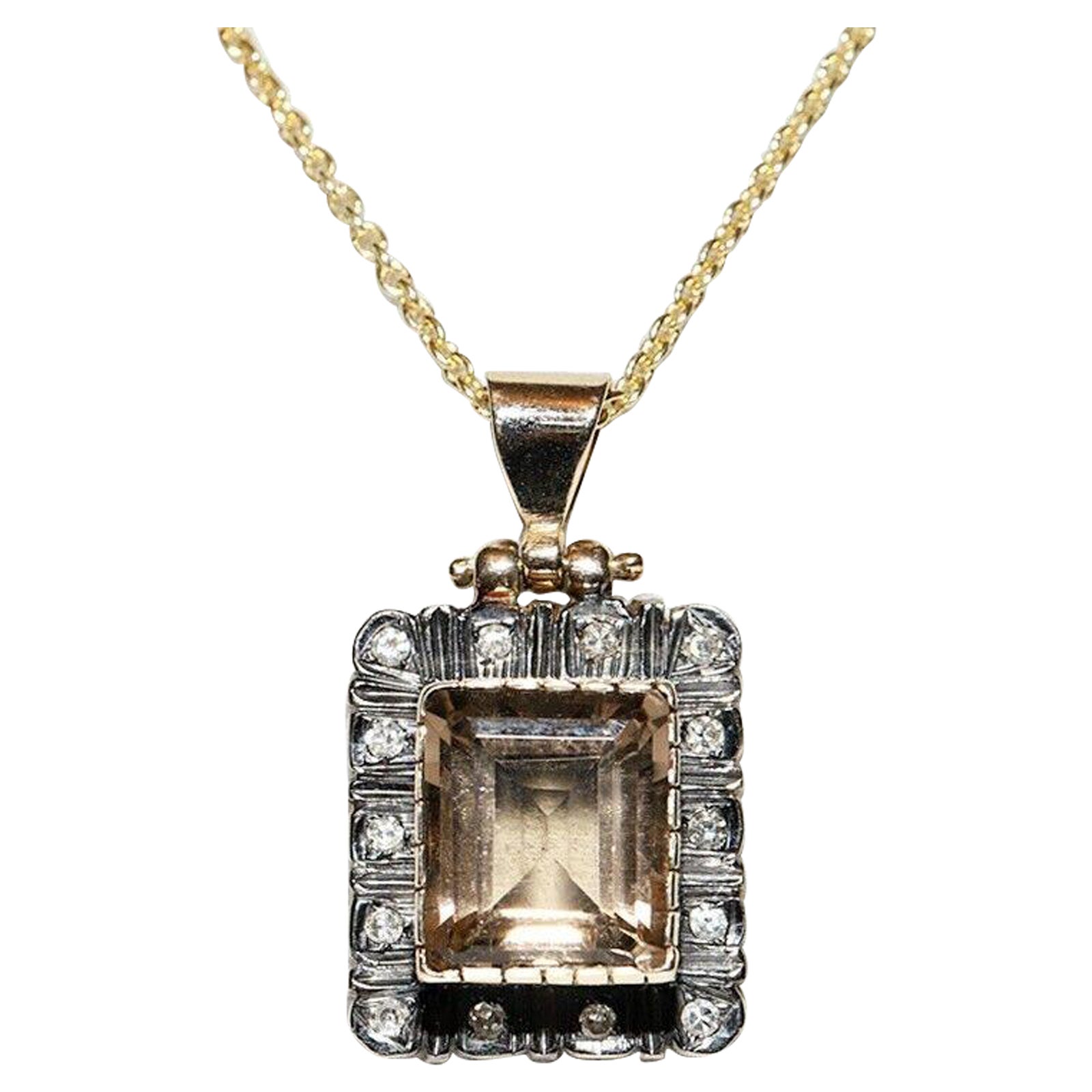 Collana antica CIRCA 1900 in oro 14K con diamanti naturali e topazio fumé