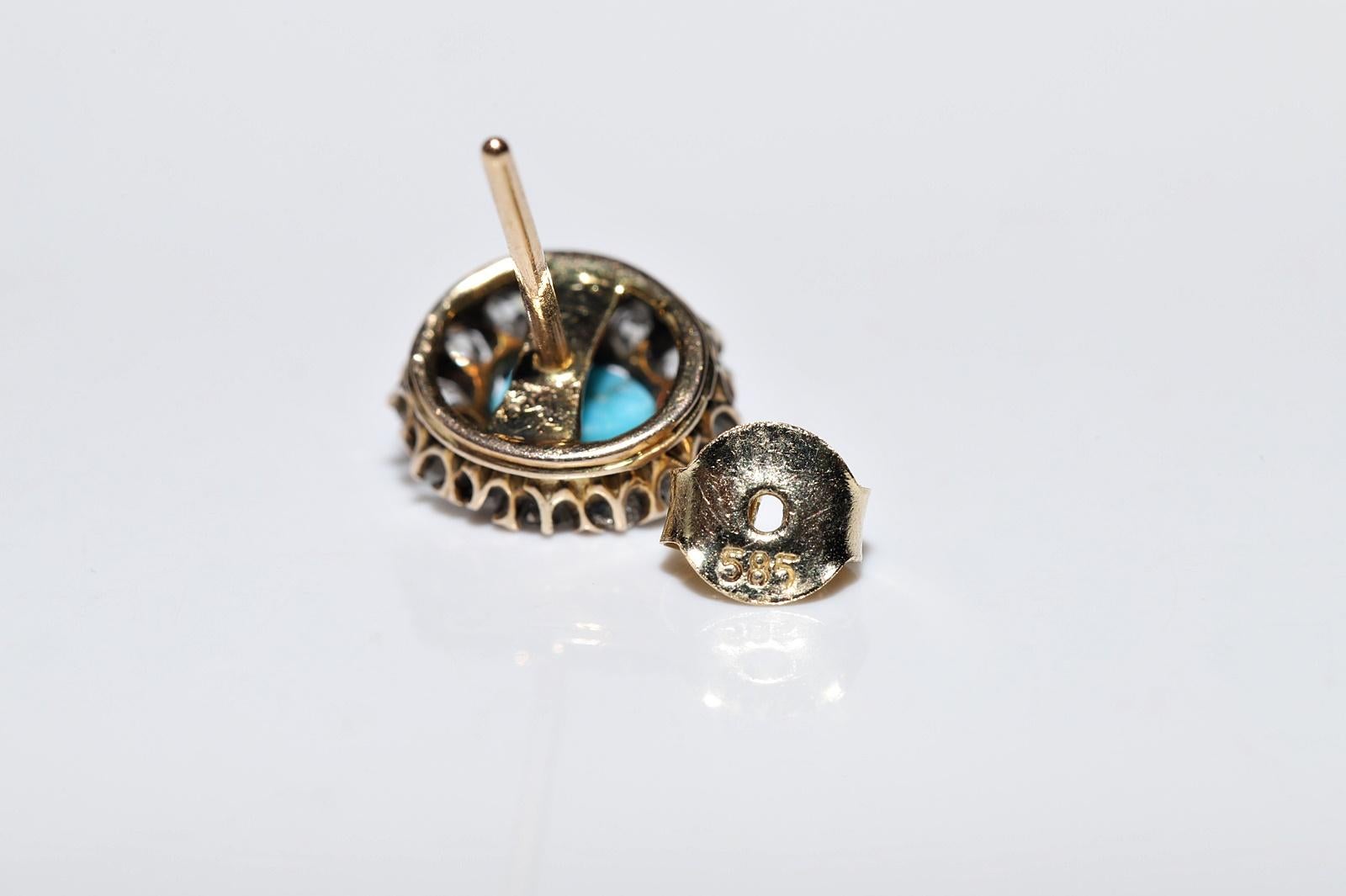 Antique Circa 1900s 14k Gold Natural Diamond And Turquoise Decorated Earring For Sale 5