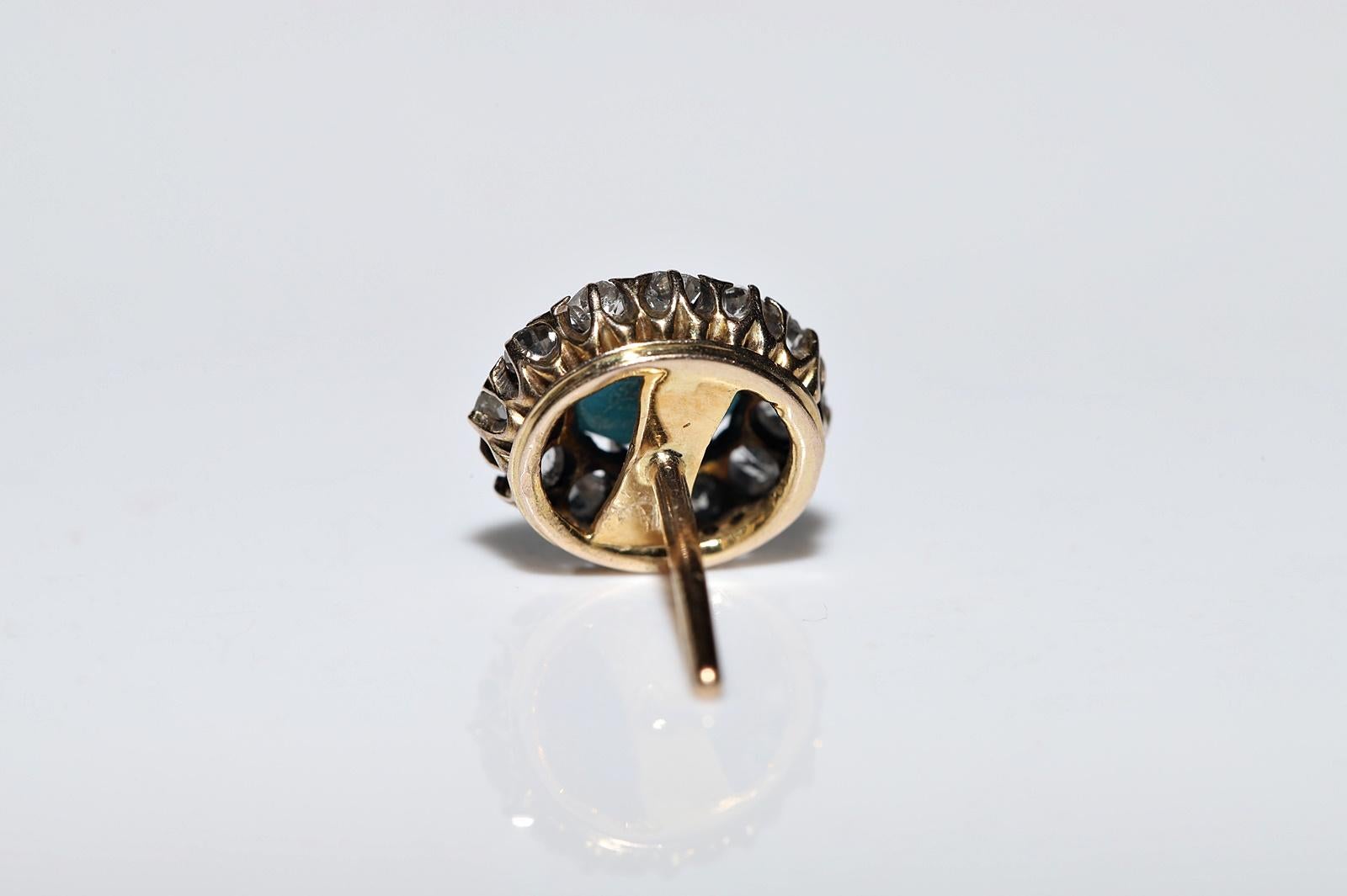 Antique Circa 1900s 14k Gold Natural Diamond And Turquoise Decorated Earring For Sale 6