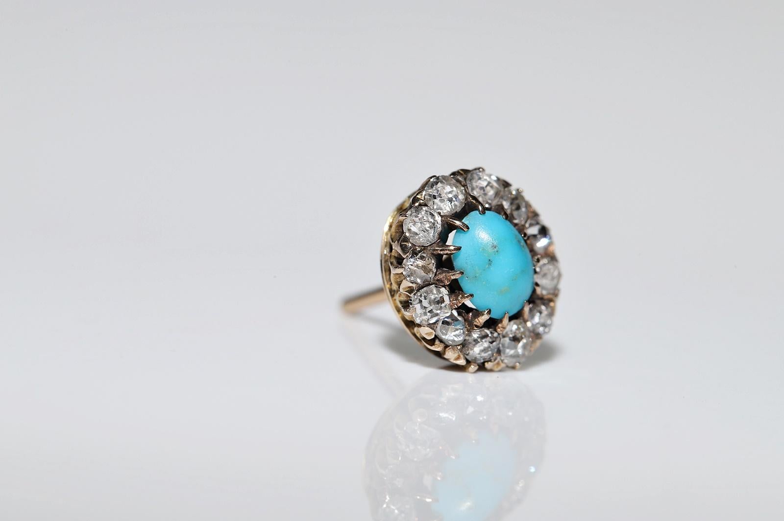 Antique Circa 1900s 14k Gold Natural Diamond And Turquoise Decorated Earring For Sale 8