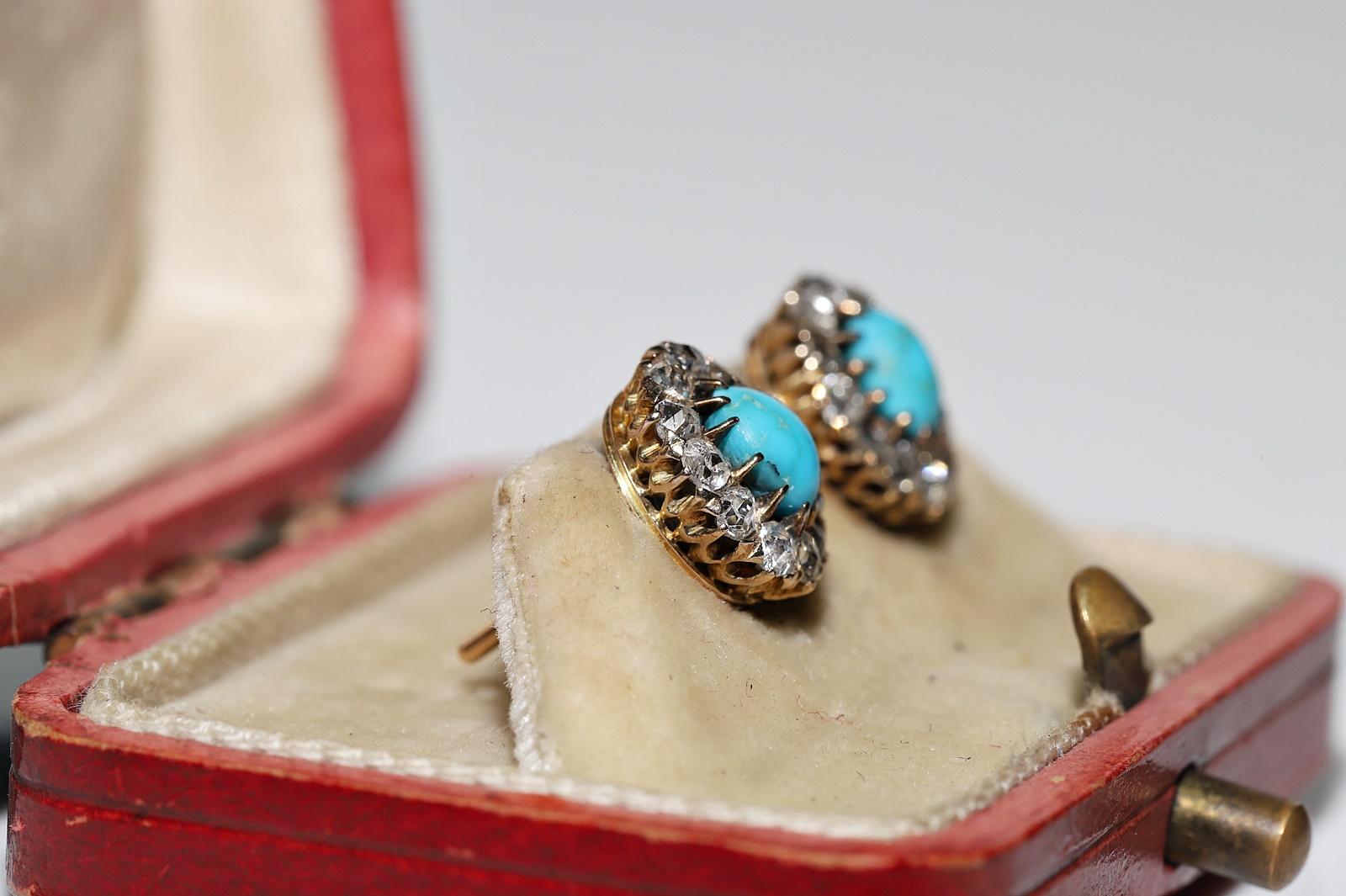 Victorian Antique Circa 1900s 14k Gold Natural Diamond And Turquoise Decorated Earring For Sale