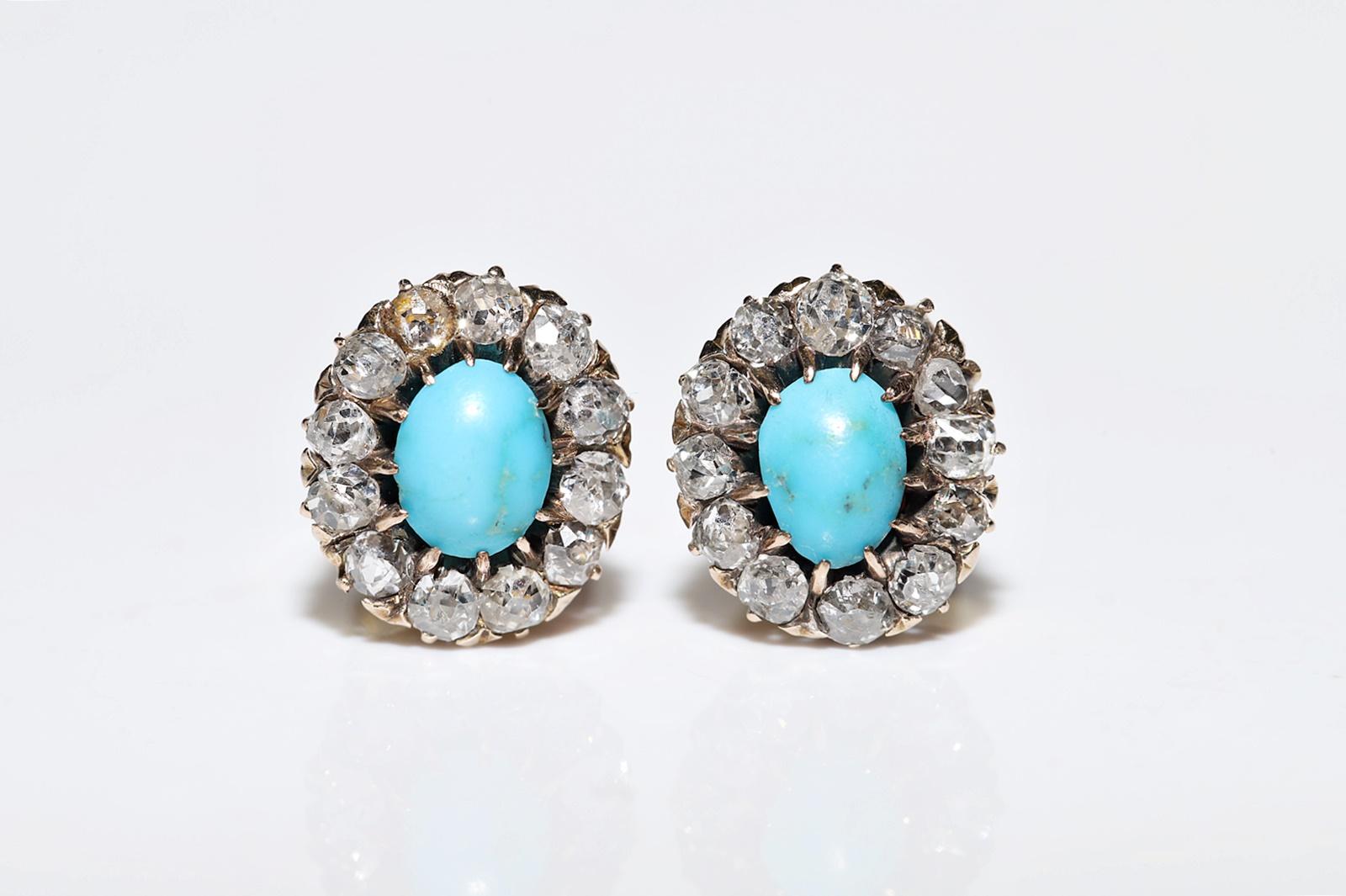 Old Mine Cut Antique Circa 1900s 14k Gold Natural Diamond And Turquoise Decorated Earring For Sale