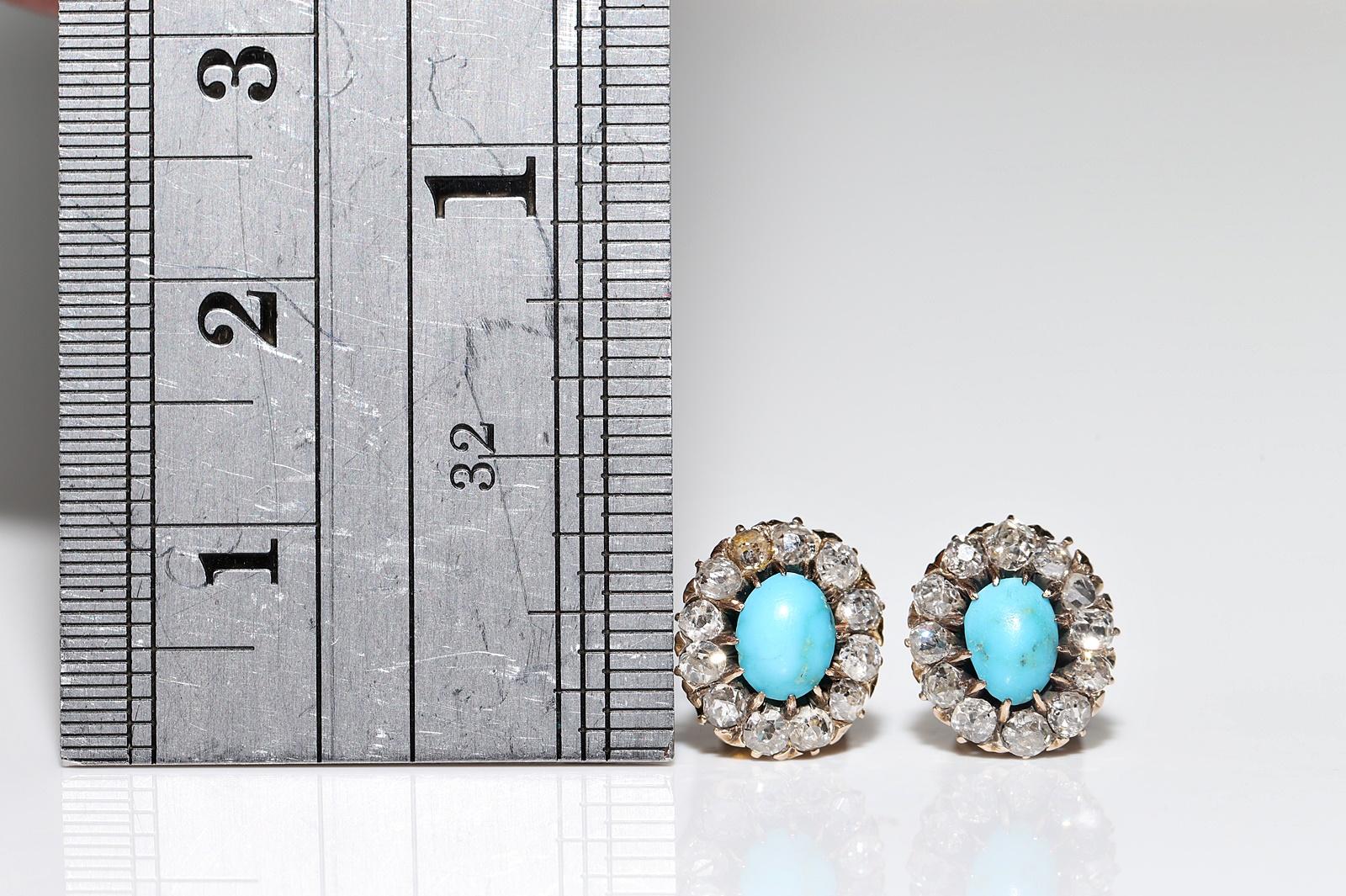Antique Circa 1900s 14k Gold Natural Diamond And Turquoise Decorated Earring In Good Condition For Sale In Fatih/İstanbul, 34
