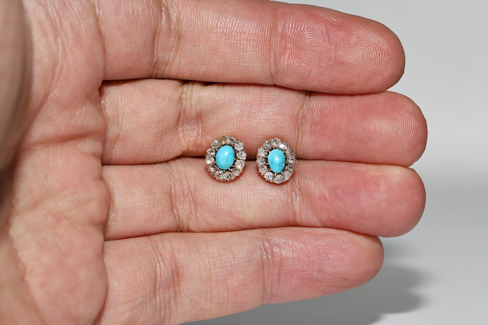 Antique Circa 1900s 14k Gold Natural Diamond And Turquoise Decorated Earring For Sale 2