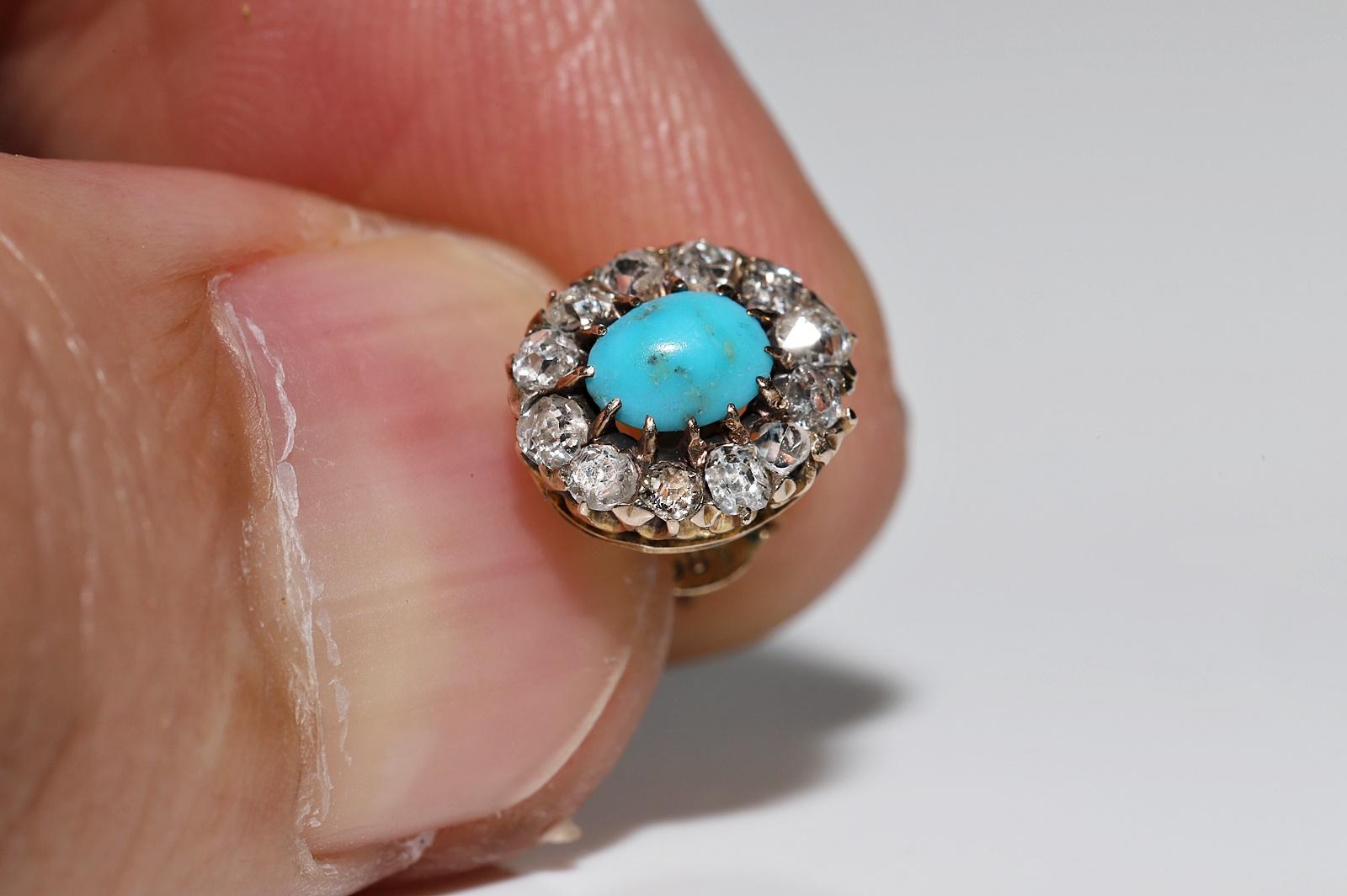 Antique Circa 1900s 14k Gold Natural Diamond And Turquoise Decorated Earring For Sale 3