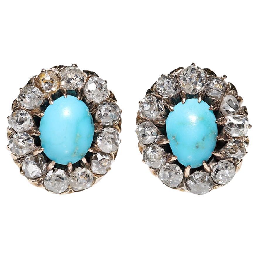 Antique Circa 1900s 14k Gold Natural Diamond And Turquoise Decorated Earring