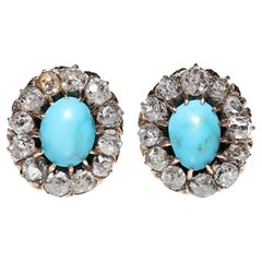 Retro Circa 1900s 14k Gold Natural Diamond And Turquoise Decorated Earring