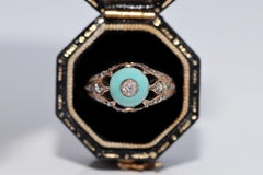 Antiker Ring CIRCA 1900, 14-karätiges Gold, mit natürlichen Diamanten und Türkisen verziert