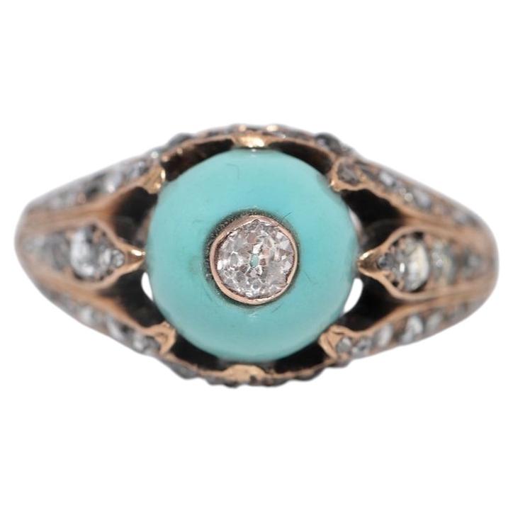 Antique Circa 1900s 14k Gold Natural Diamond And Turquoise Decorated Ring