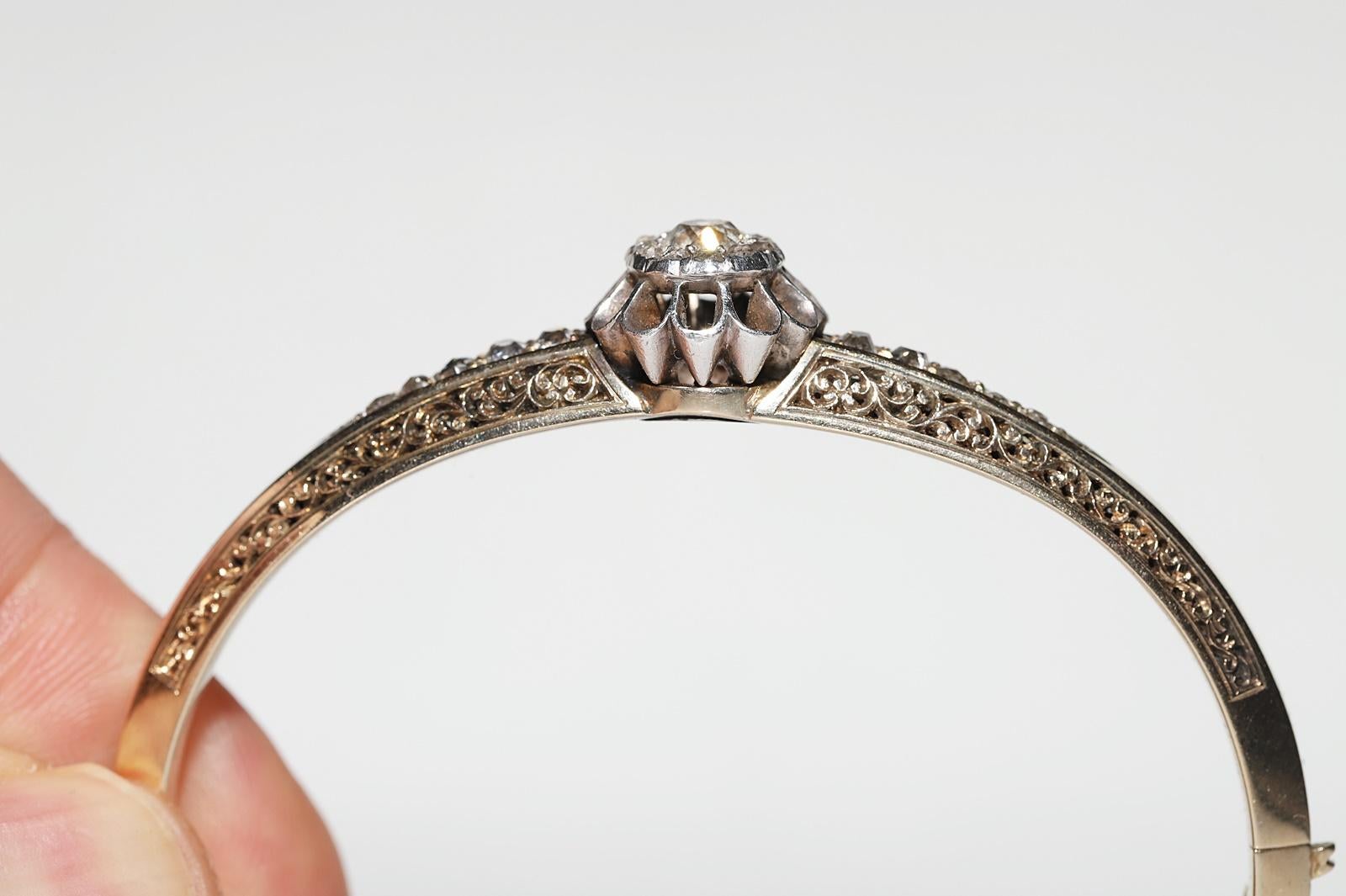 Women's Antique Circa 1900s 14k Gold Natural Diamond Decorated Amazing Bangle bracelet For Sale