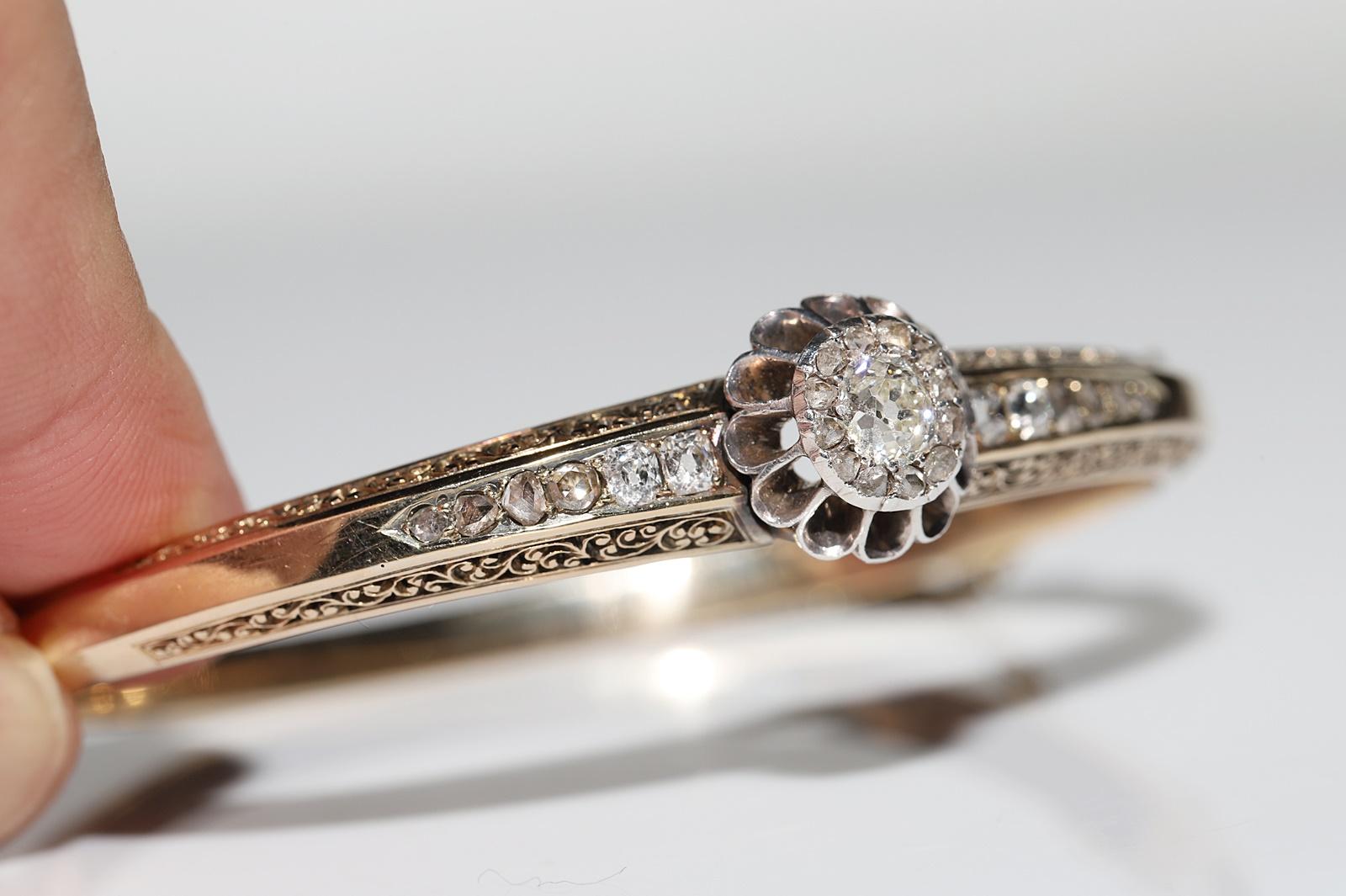 Antique Circa 1900s 14k Gold Natural Diamond Decorated Amazing Bangle bracelet For Sale 1