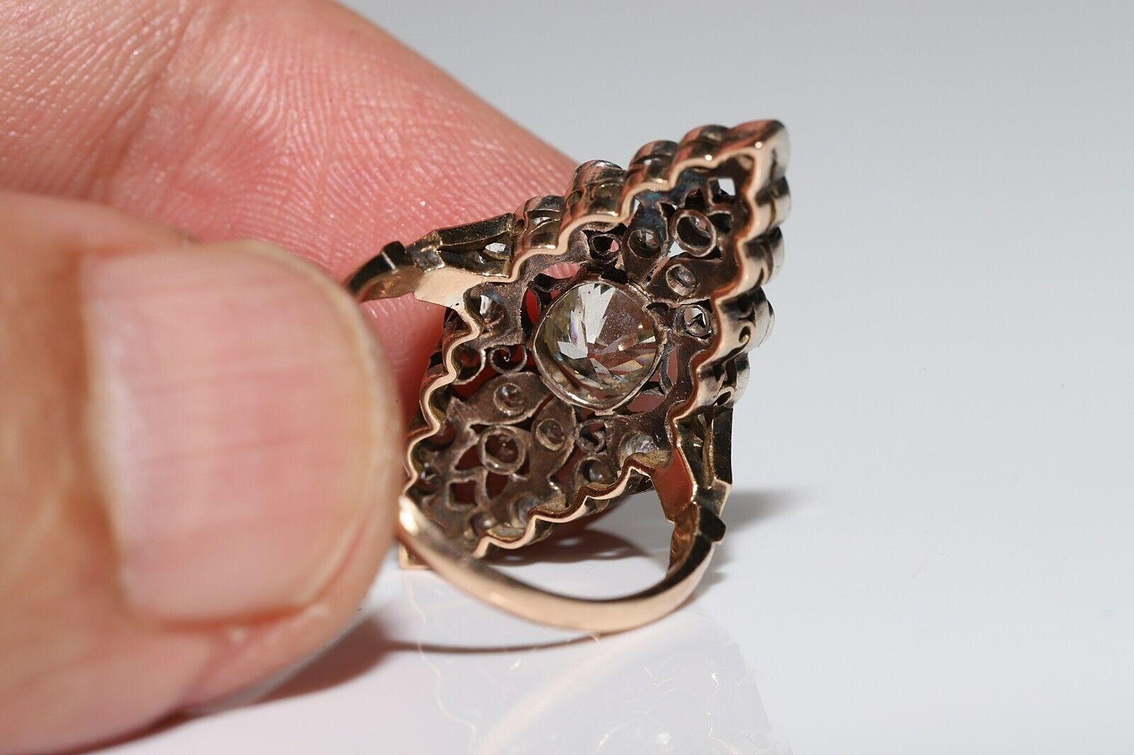 Anello antico CIRCA 1900 in oro 14k con diamanti naturali e decorazioni a forma di navetta in vendita 5