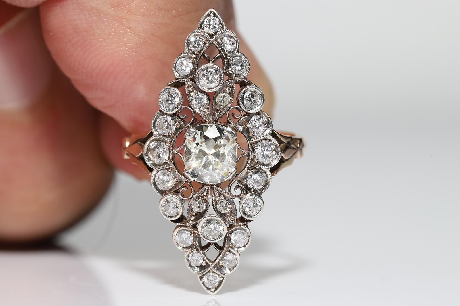 Brilliant Cut Antique Circa 1900s 14k Gold Natural Diamond Decorated Amazing Navette Ring For Sale