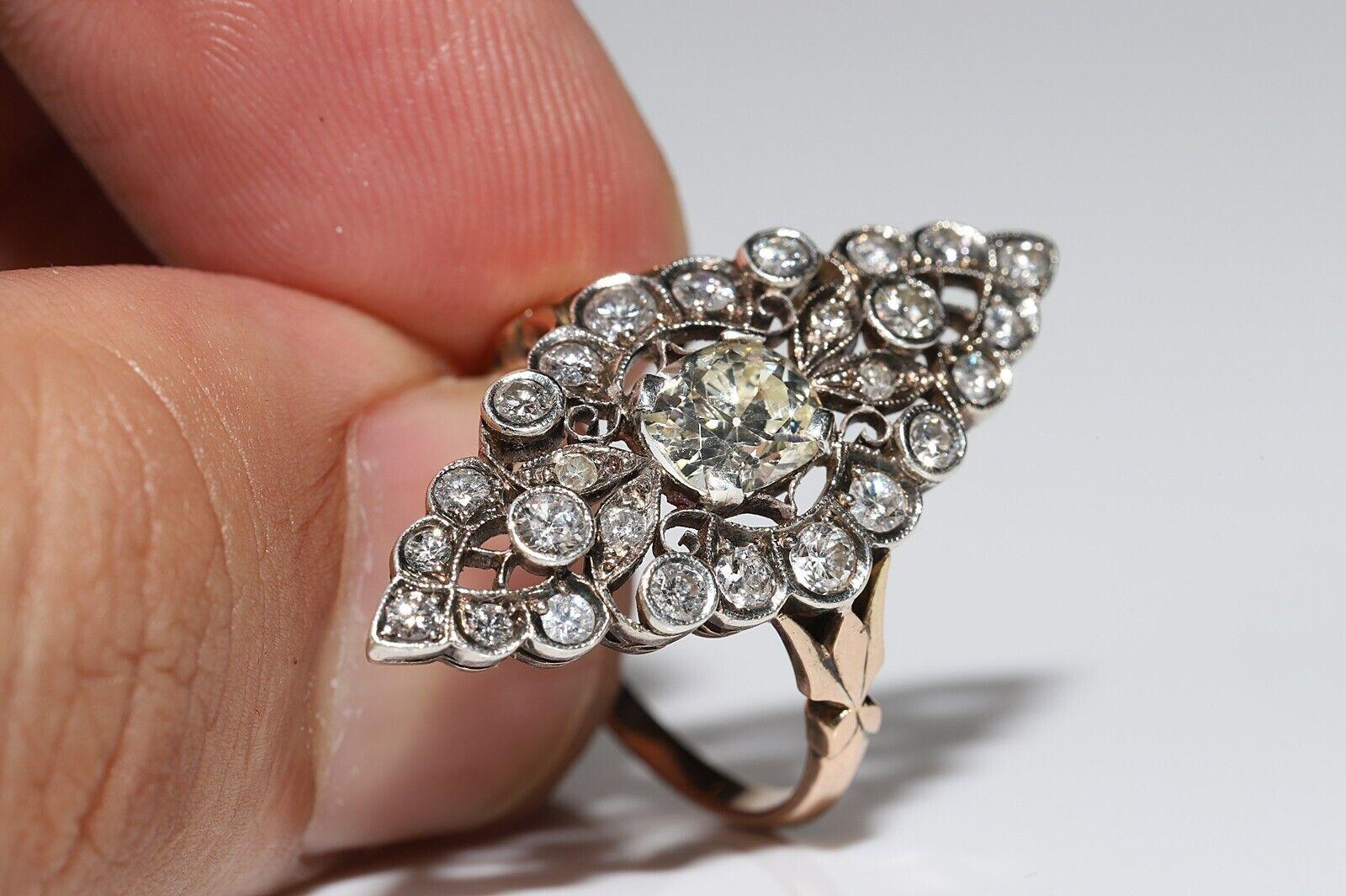 Anello antico CIRCA 1900 in oro 14k con diamanti naturali e decorazioni a forma di navetta In condizioni buone in vendita a Fatih/İstanbul, 34