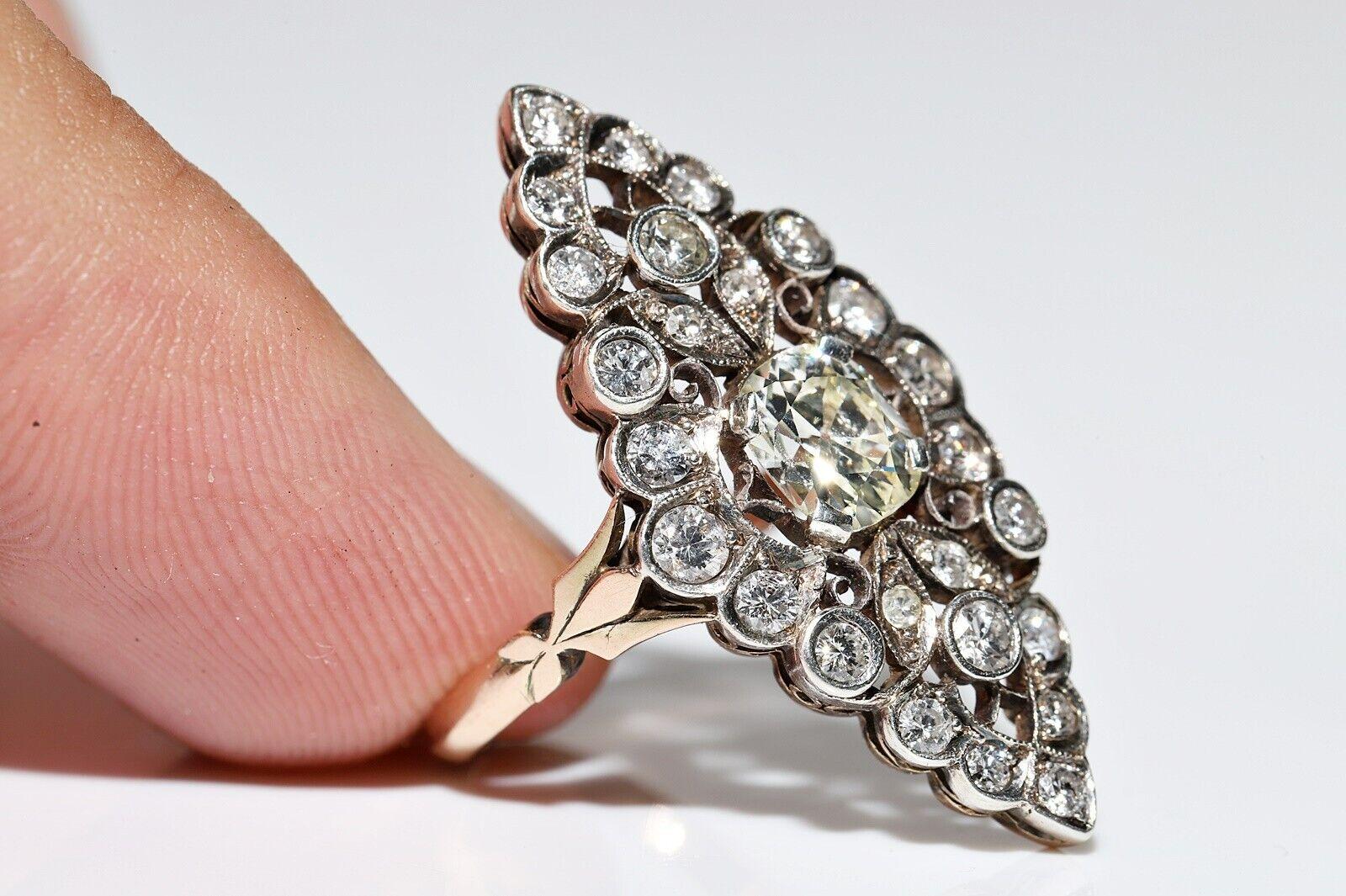 Anello antico CIRCA 1900 in oro 14k con diamanti naturali e decorazioni a forma di navetta in vendita 1