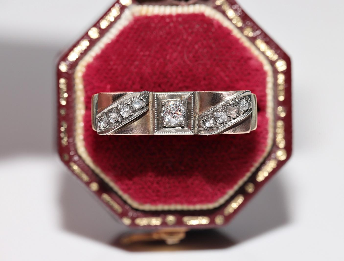 Ancienne bague jonc artisanale des années 1900 en or 14 carats décorée de diamants naturels en vente 1