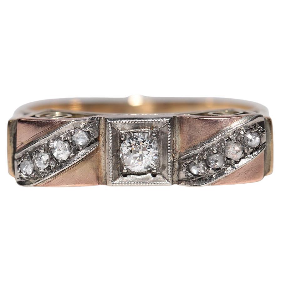 Antiguo anillo artesanal de oro de 14 quilates con diamante natural decorado, circa 1900